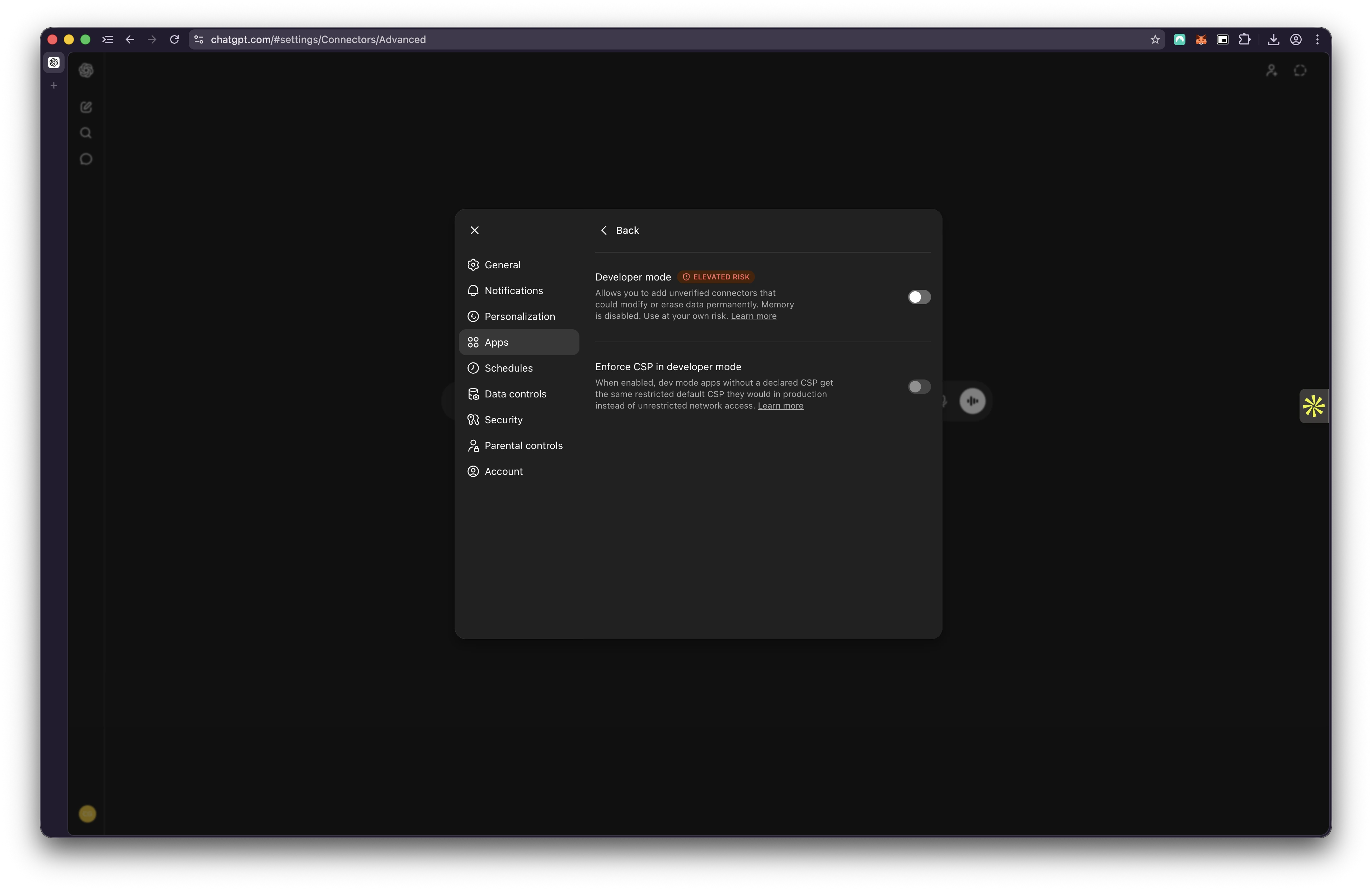 ChatGPT Settings → Apps with the Developer mode toggle visible