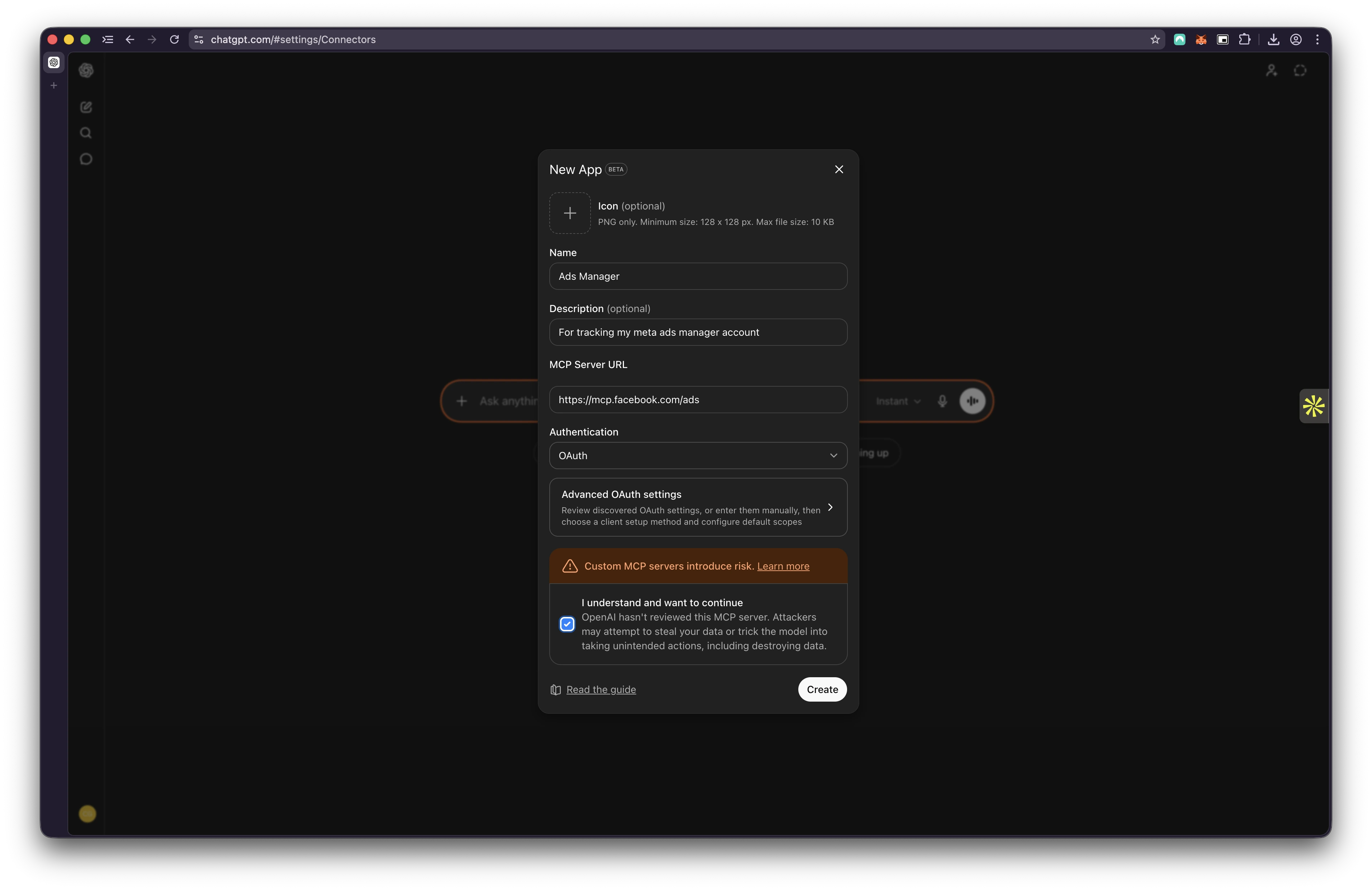The full New App modal with Name, MCP Server URL, OAuth selected and the risk checkbox ticked