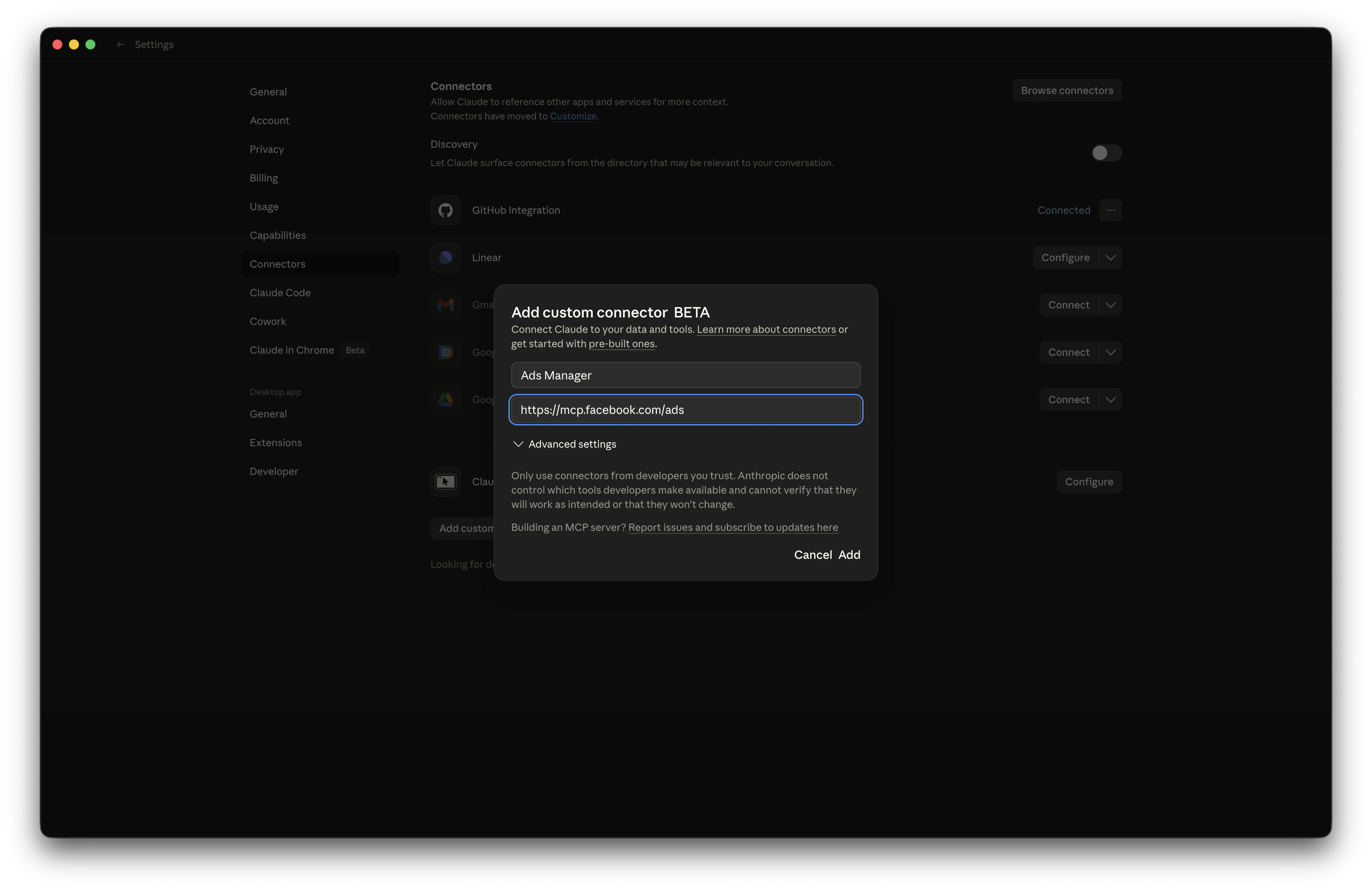 The Add custom connector modal with Name set to Ads manager and the Meta MCP URL filled in